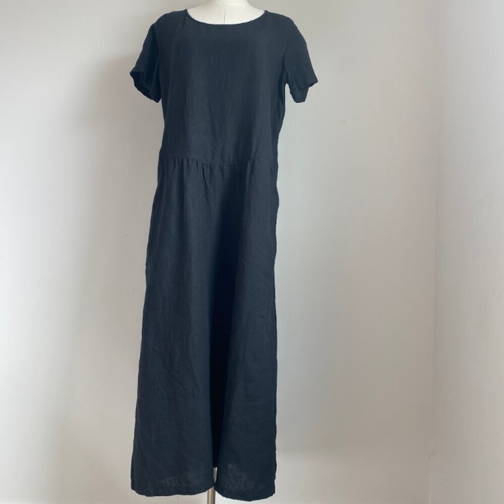 Vivid 100% Linen Lagenlook Midi Dress Black Size M